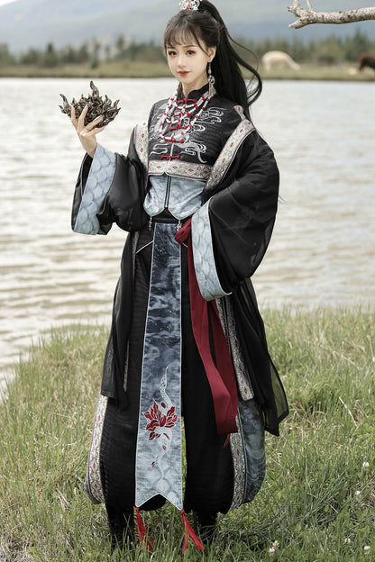 黑色武術漢服上衣與長褲套裝