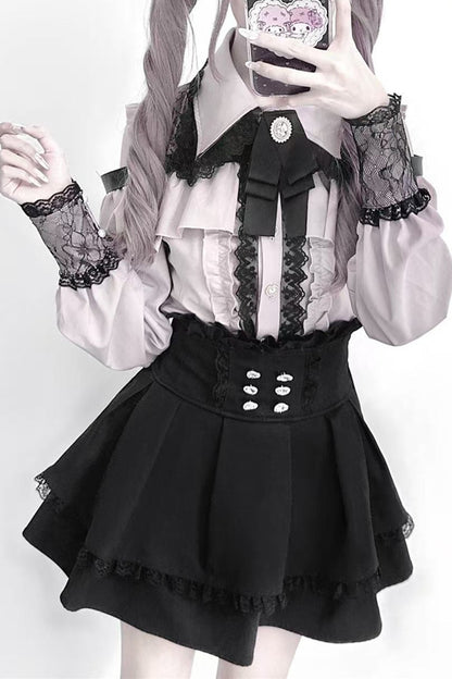 [Pre-order] Cold Shoulder Heart Buckle Long Sleeve Ruffle Lace Blouse with Bow Tie + Lace-Trim Pleated Mini Skirt Set