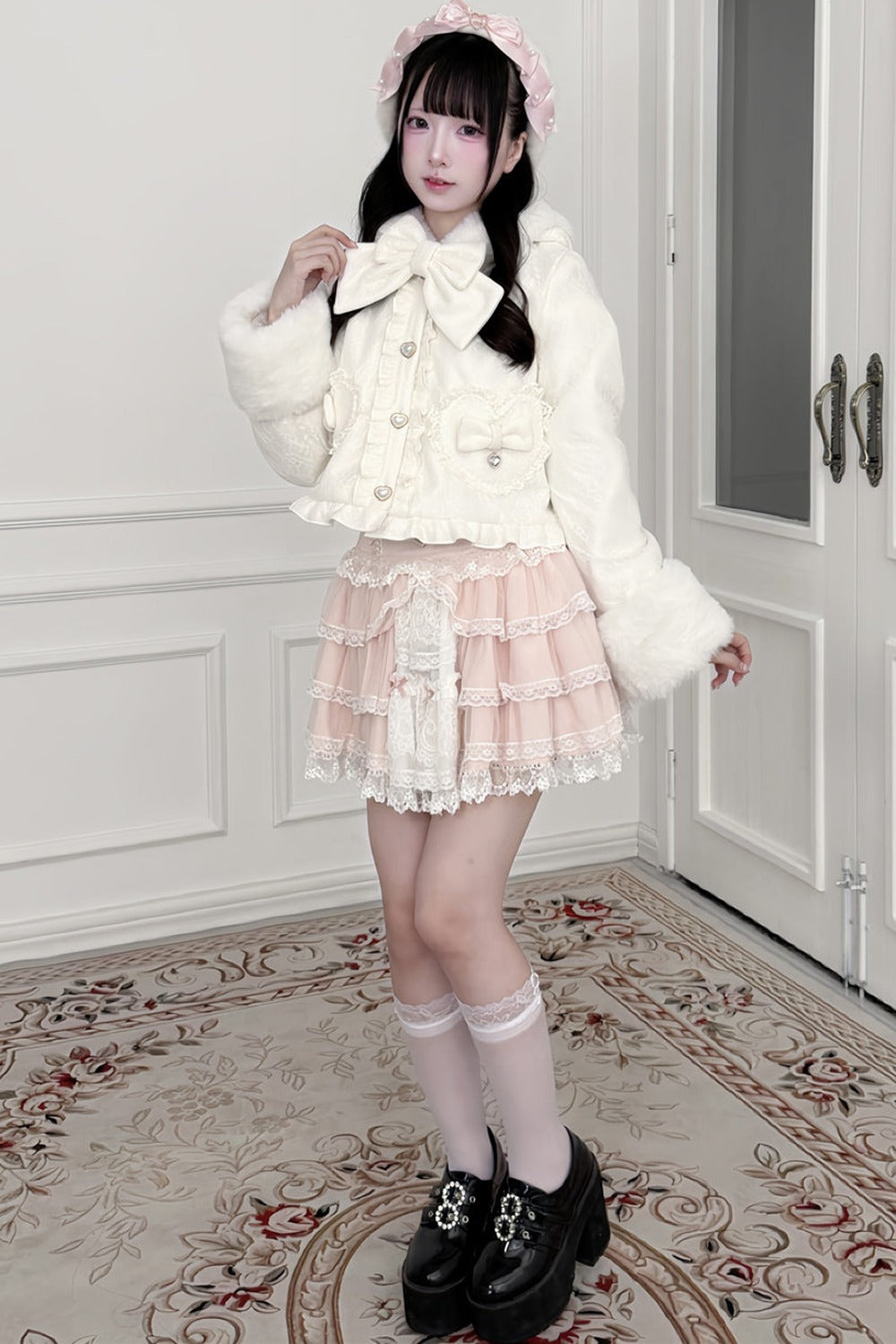 Snow Rabbit Plush Lace Coat, Top and Skirt Set-Up