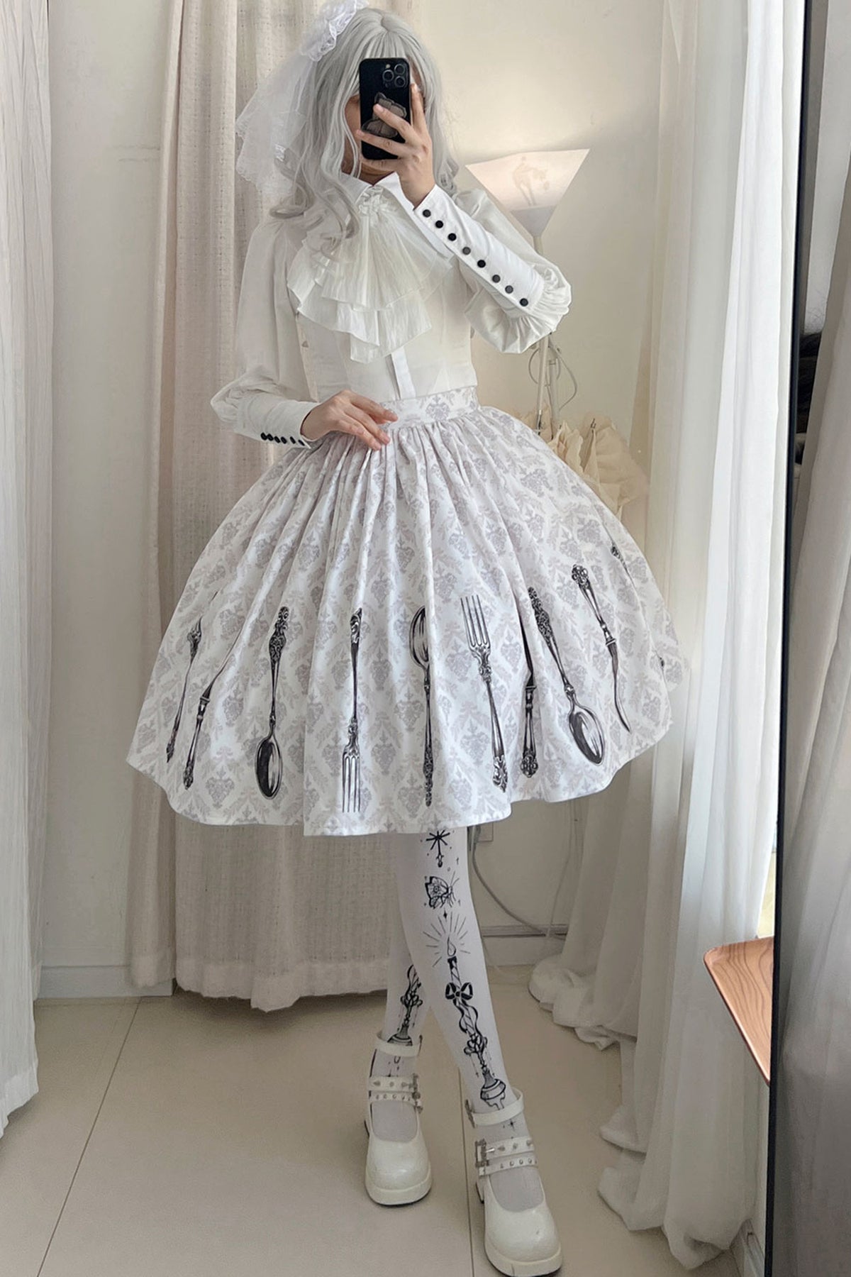 Silver Tableware Print Half-Length Skirt