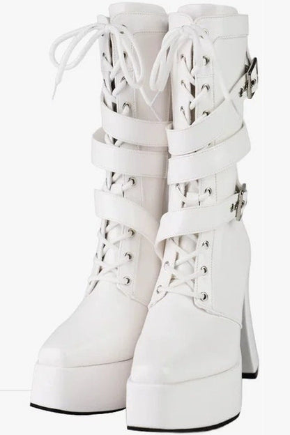 Bottes à plateforme à bout carré et brides croisées inversées