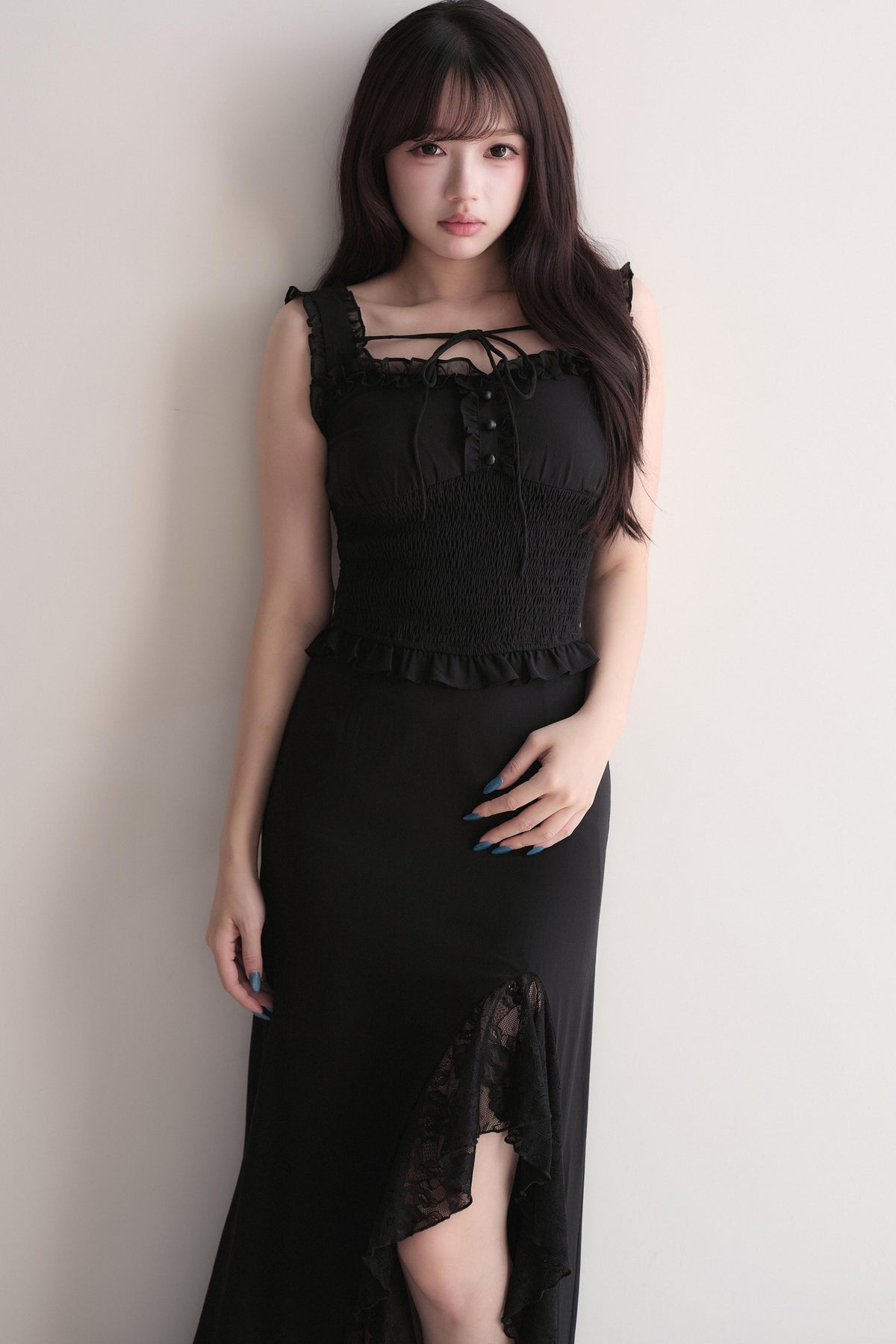 Elegant Ruffle Top & Lace Slit Skirt Set