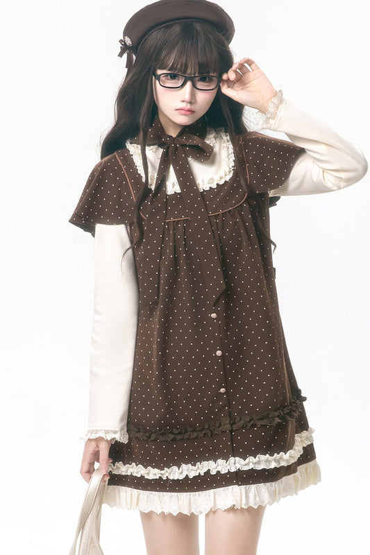 브라운 폴카 도트 레이어드룩 원피스