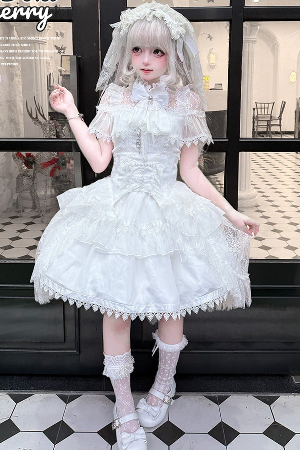 Gothic Short-Sleeve Tulle Waist Belt Dress Set-Up