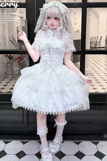 Gothic Short-Sleeve Tulle Waist Belt Dress Set-Up