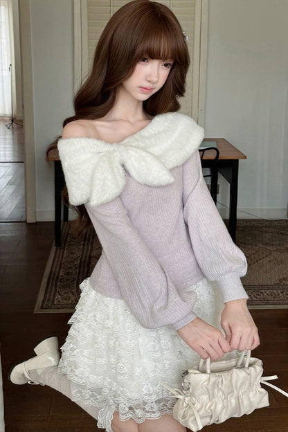 Fliederfarbenes Stricktop und Rock-Set