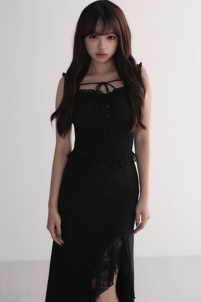 Elegant Ruffle Top & Lace Slit Skirt Set