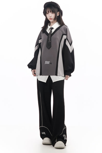 Black Gray Color Block Chain Tie Sweatshirt And Pants Set-Up