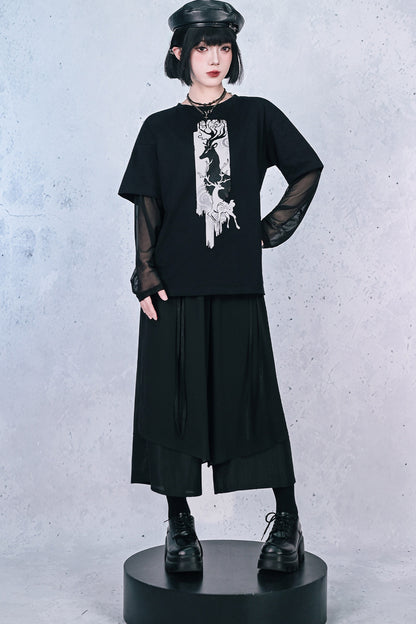 鹿プリントシアースリーブレイヤードTシャツ