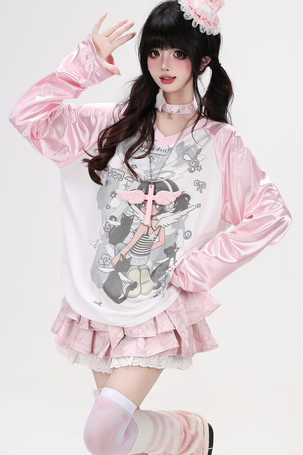 Camiseta de satén con gato angelical