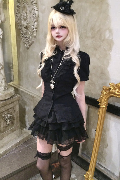 Black Puff Sleeve Lace Patchwork Top and Skirt Set