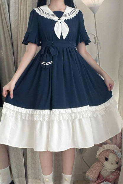 College-Style Ribbon Sailor Collar Flared Dress