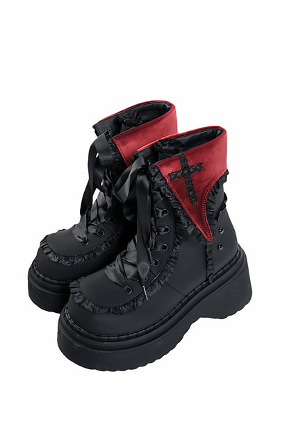 Gothic Cross Flip-Top Round-Toe Platform Boots