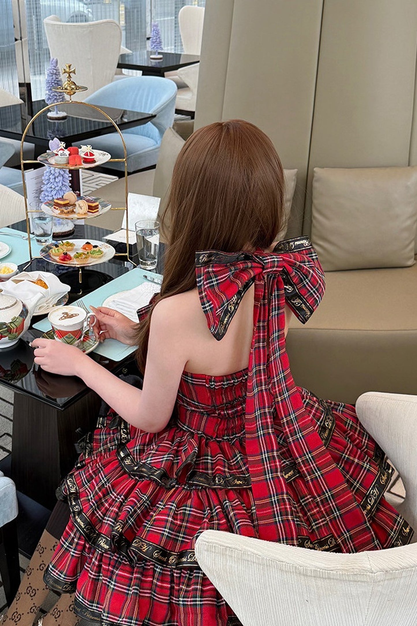 Abito lolita da ballerina a quadri con fiocco