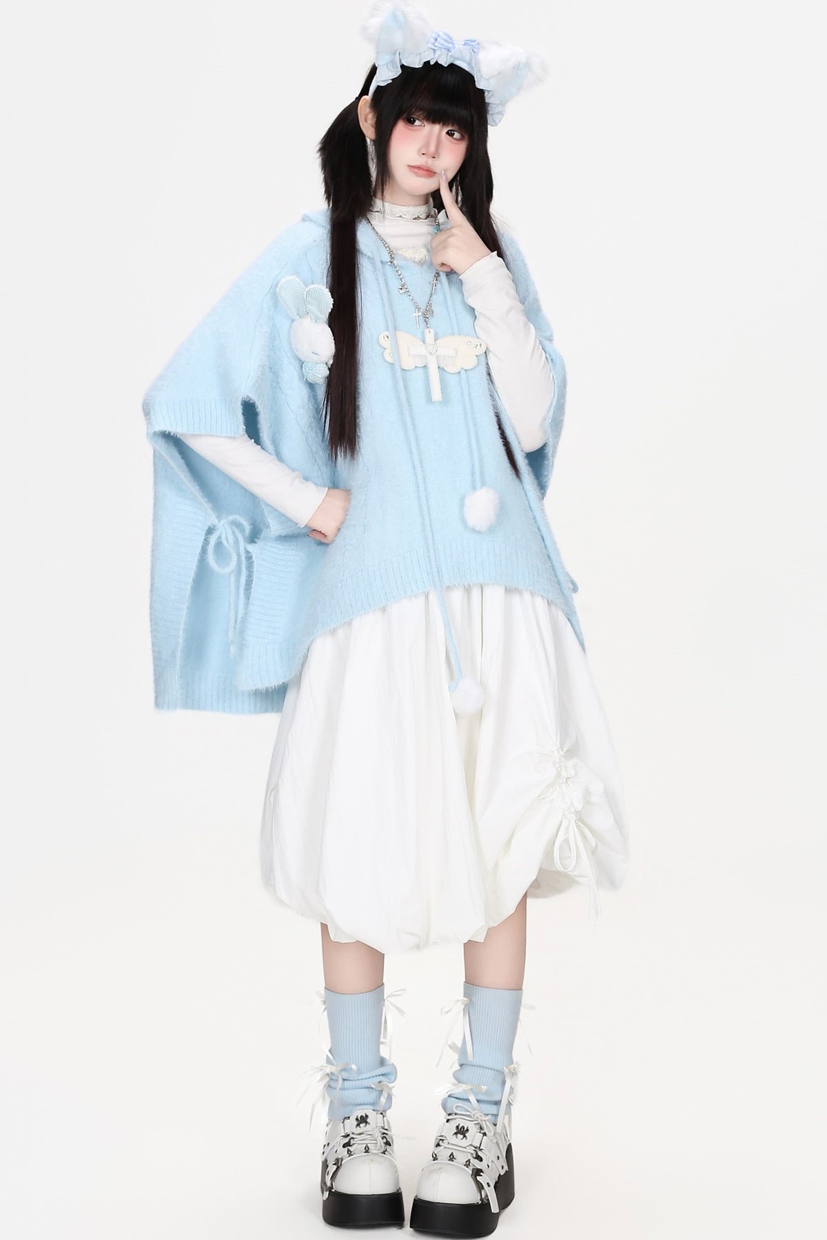 Hooded Bunny Faux Mink Knit Cape