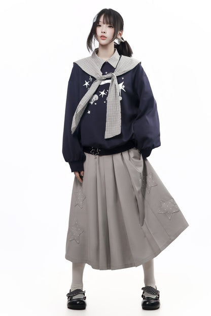 Star Plaid Shawl Sweatshirt Skirt Set-Up