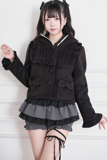 Ruffle Hooded Wool Jacket
