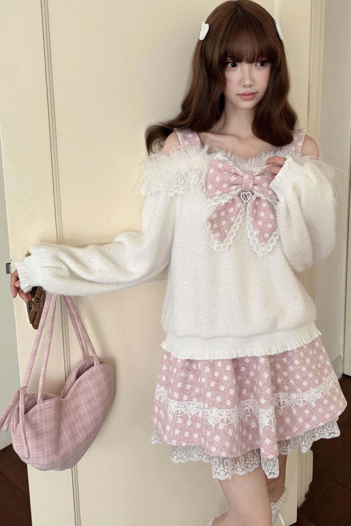 White Rabbit One-Shoulder Sweater Skirt Set
