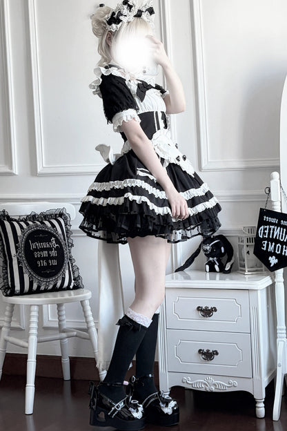 Black White Maid Apron Lace Dress