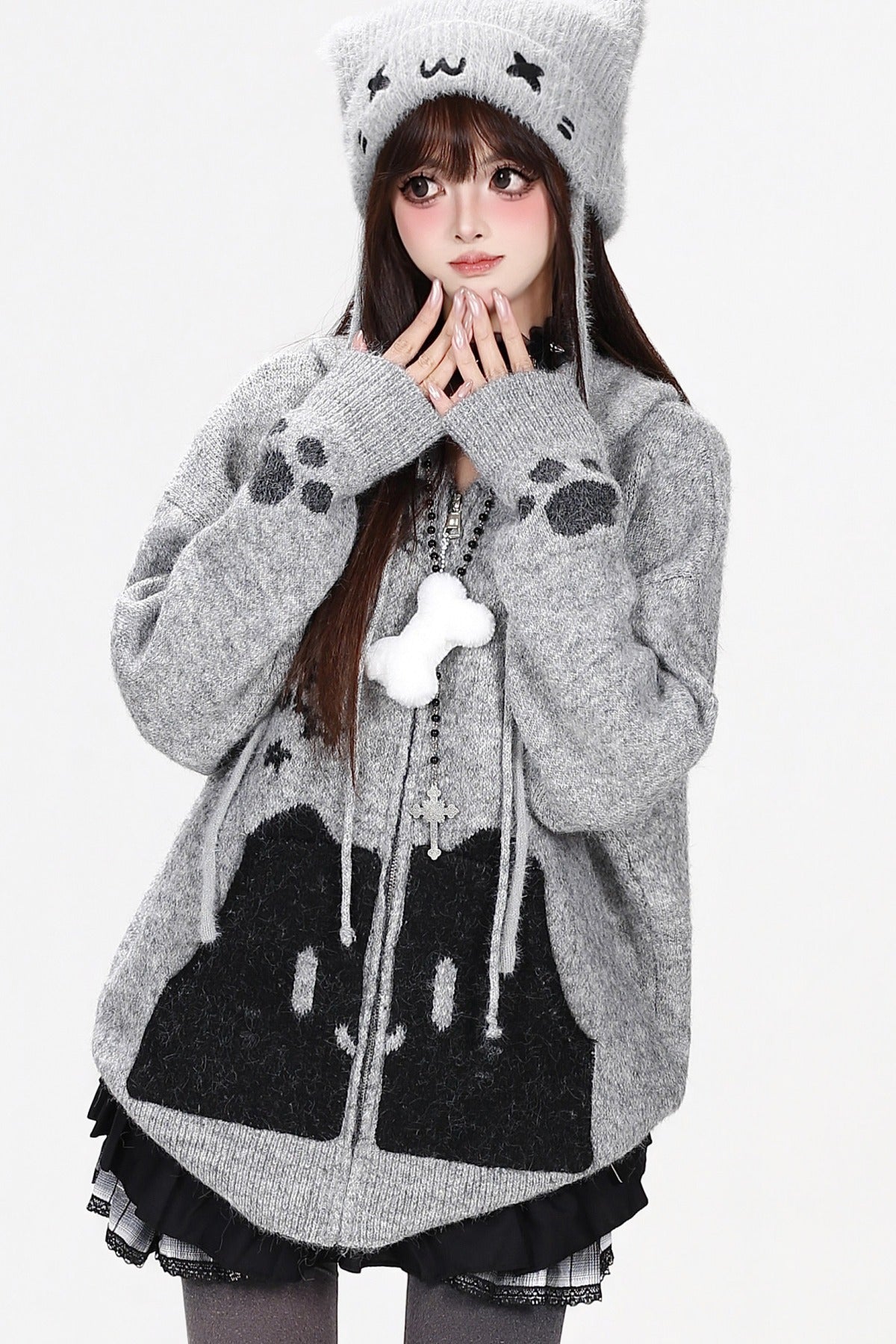 Cardigan en maille à capuche avec poche chat gris