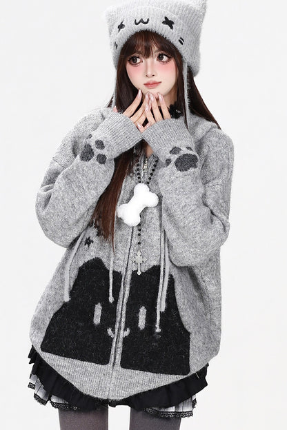 Cardigan en maille à capuche avec poche chat gris