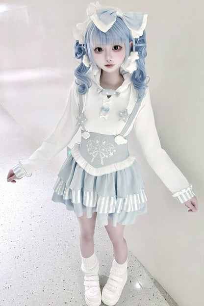 Bunny Ear Hooded Sweatshirt Suspender Skirt With Top Set-Up