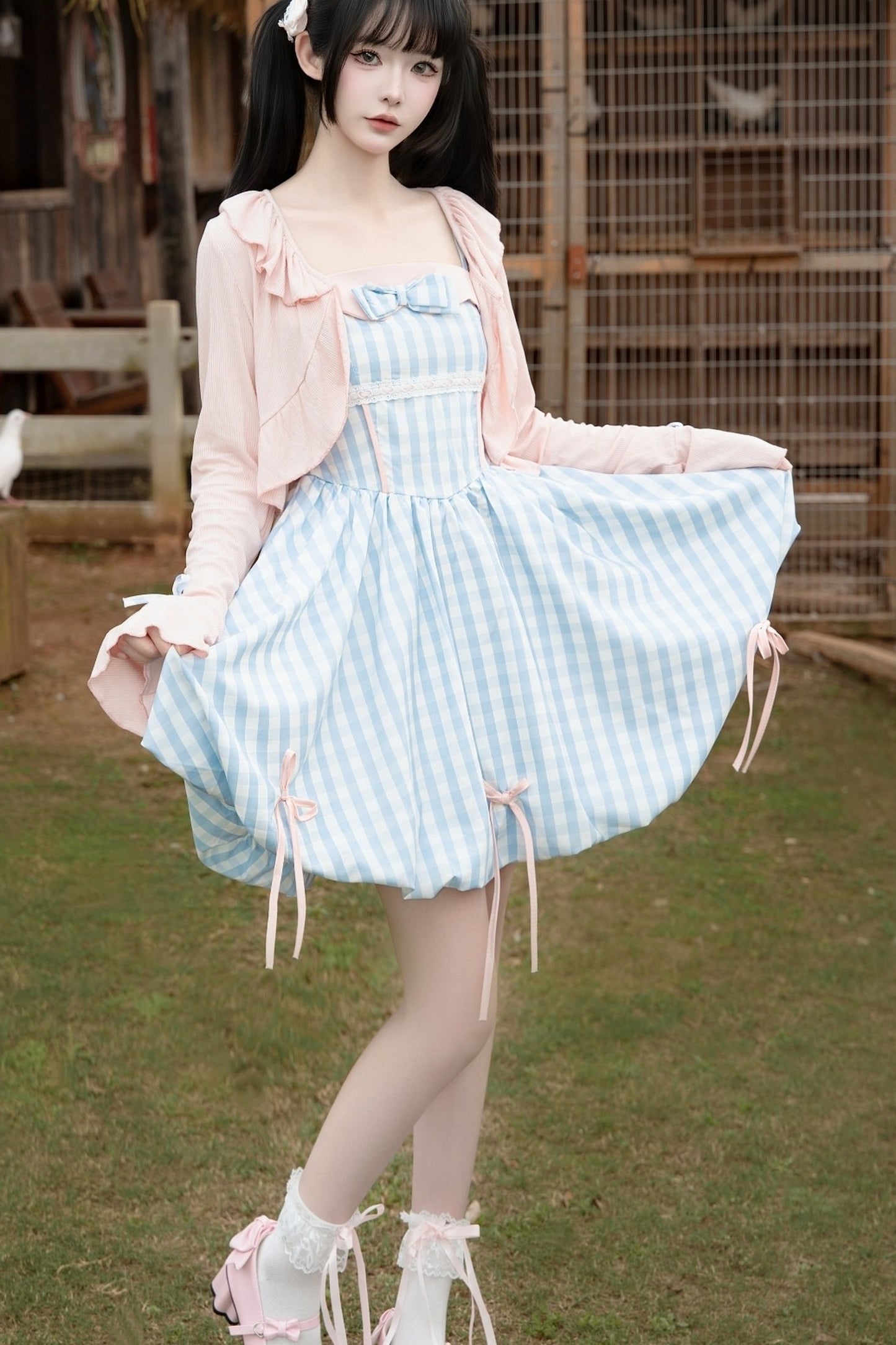 Sweet Plaid Ribbon Cami Dress & Cropped Jacket Set-Up