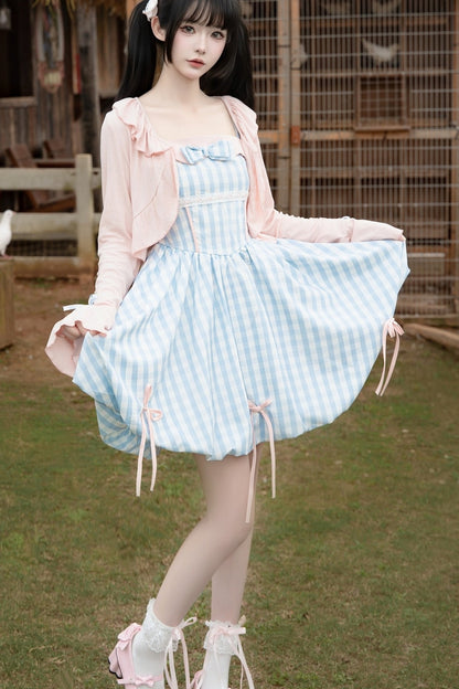 Sweet Plaid Ribbon Cami Dress & Cropped Jacket Set-Up