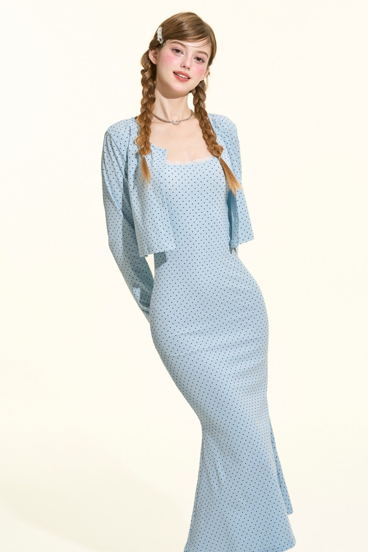 Blue Polka Dot Cami Dress Cardigan Set-Up
