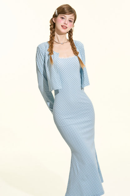 Blue Polka Dot Cami Dress Cardigan Set-Up