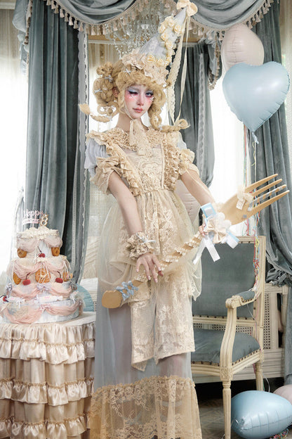Cream Beige Doll-Like Lace Apron Dress