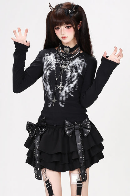 Cross-Wing Illusion Print Long-Sleeve Top and Cake Skirt Set-Up