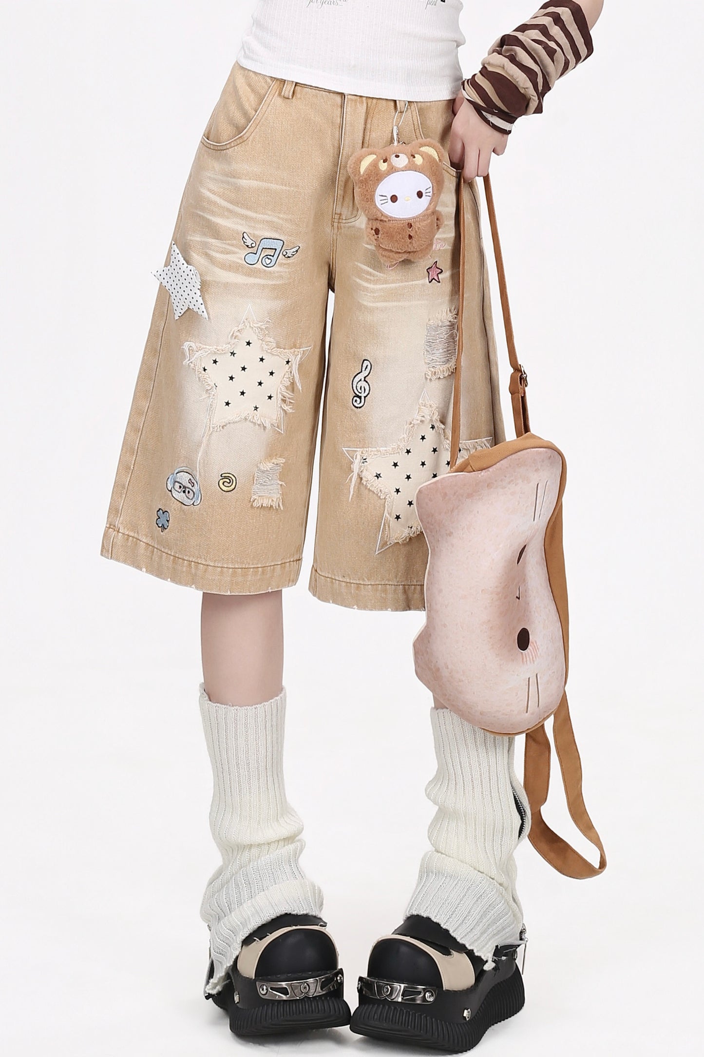 Dreamy-Cute Musical Note and Star Denim Shorts