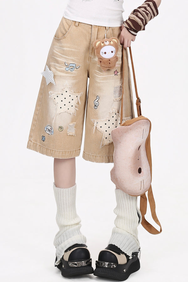 Dreamy-Cute Musical Note and Star Denim Shorts
