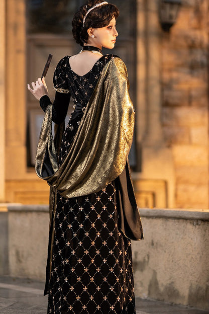 Black Gold Beaded Empire Dress