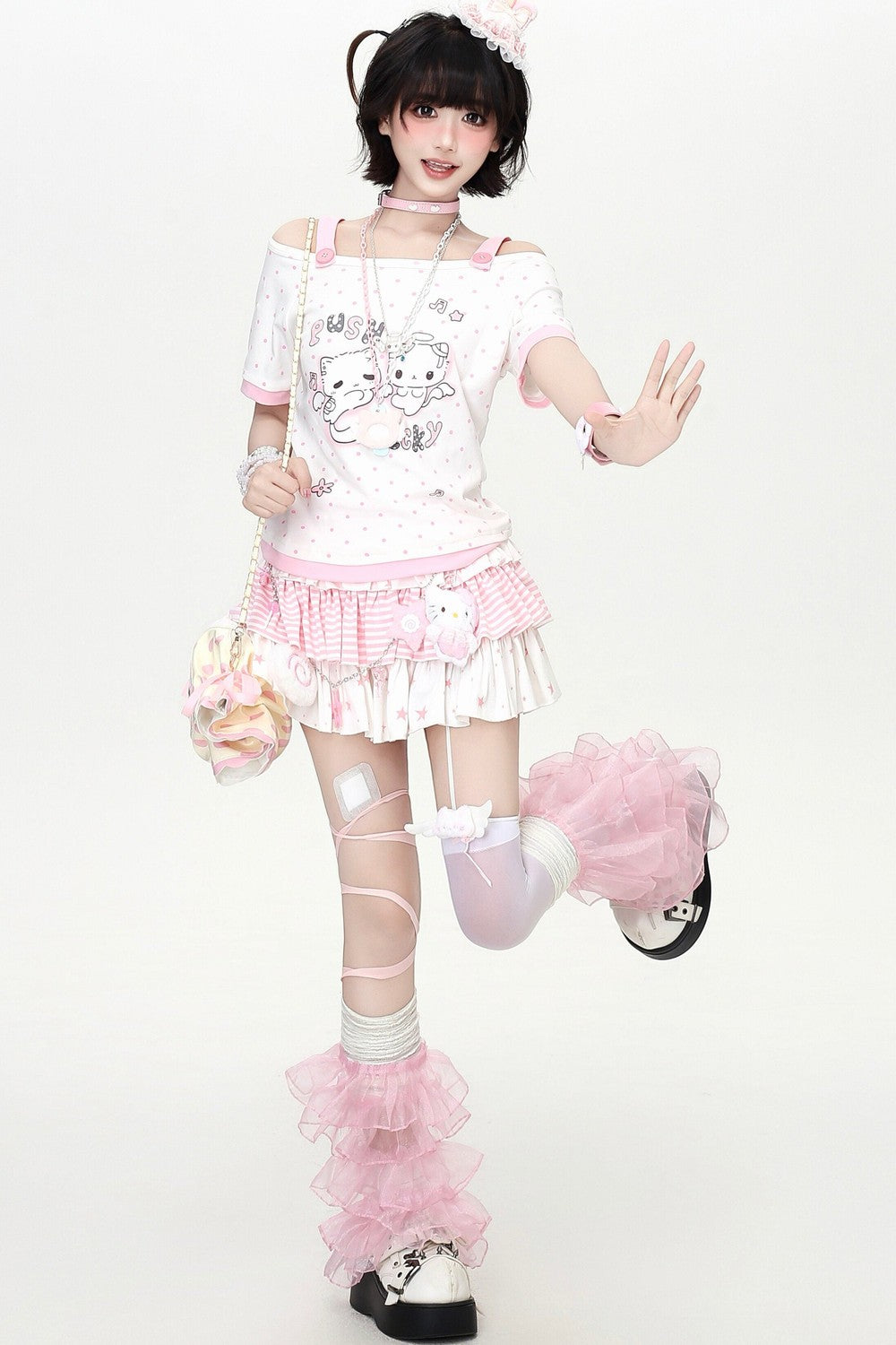 Pastel Cat Dot Off-Shoulder Top