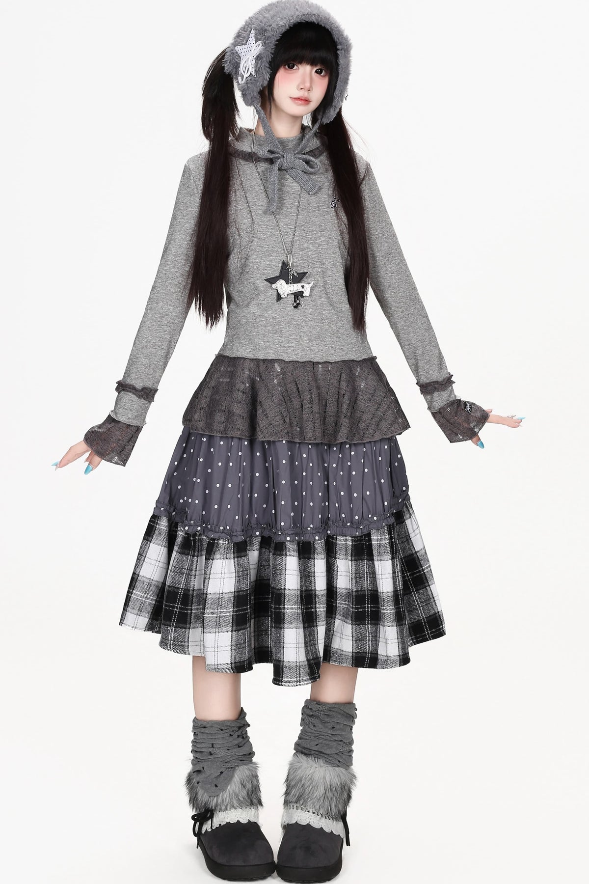 Patchwork Polka Dot Plaid Skirt