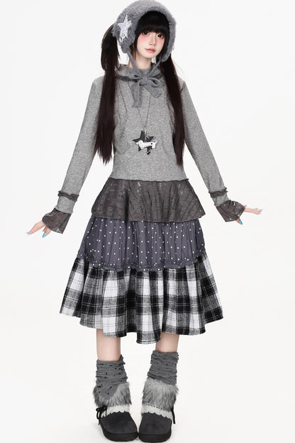 Patchwork Polka Dot Plaid Skirt