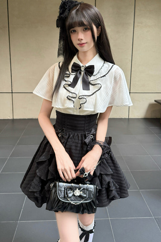 Black-White Cape Blouse And Plaid Skirt Set-Up