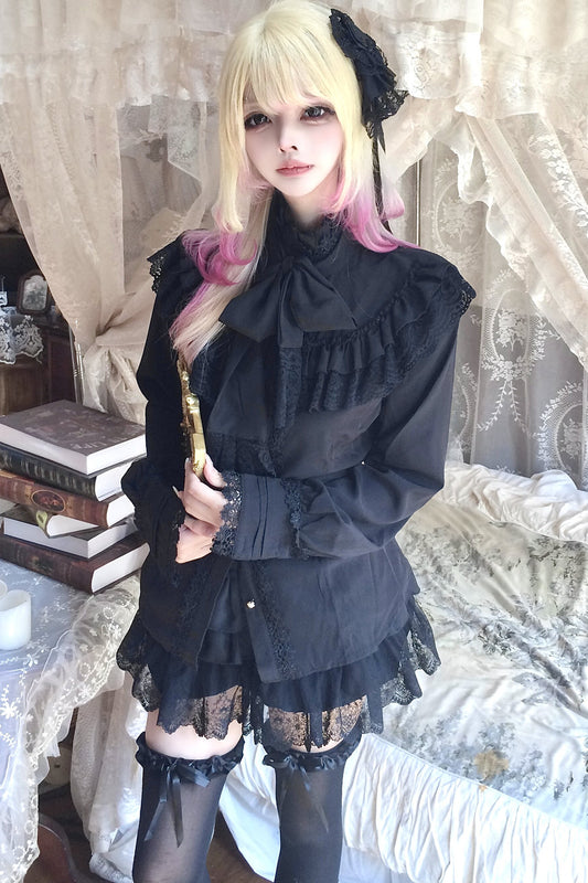 Gothic Hemd in Lagenoptik mit schwarzer Schleife und Rüschen