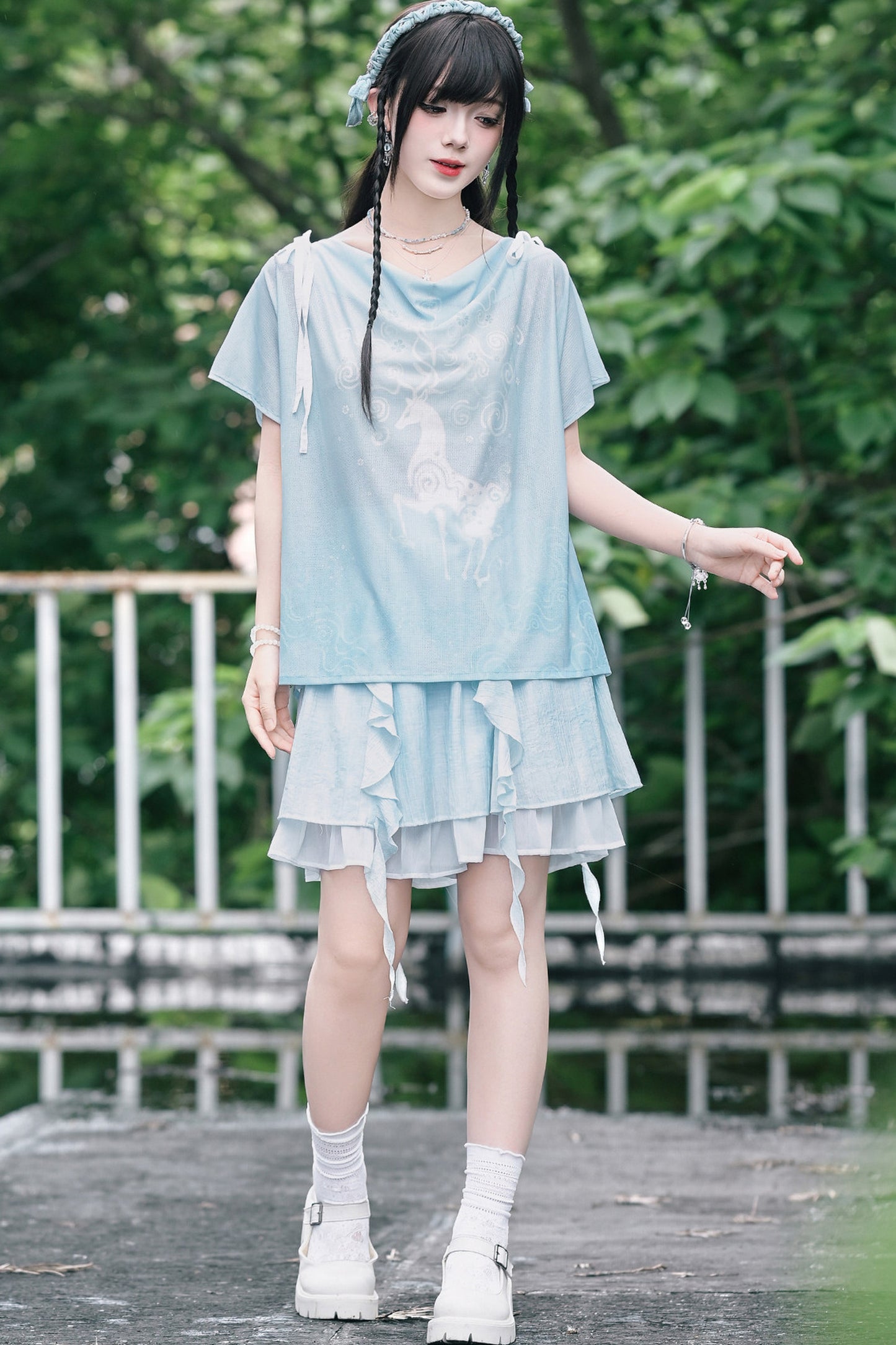 Chiffon-Set im China-Stil mit Hirsch-Print