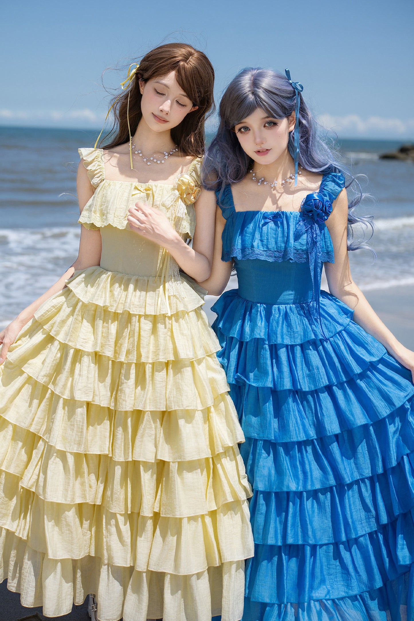 Seven-Layer Ruffle Square Neck Dress, Hair Accessory and Jacket Set-Up