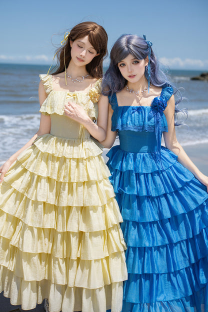 Seven-Layer Ruffle Square Neck Dress, Hair Accessory and Jacket Set-Up