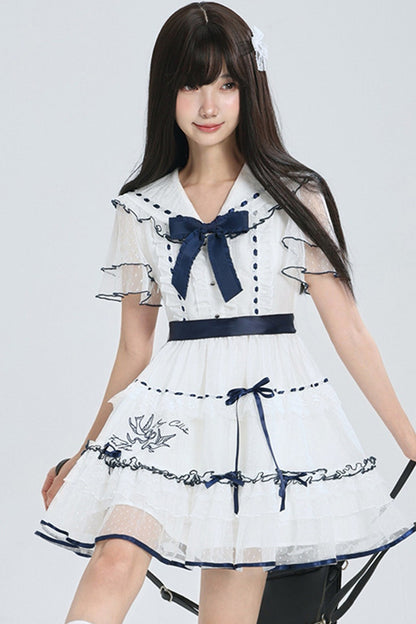 Navy Collar Bird Embroidery Tiered Ribbon Dress