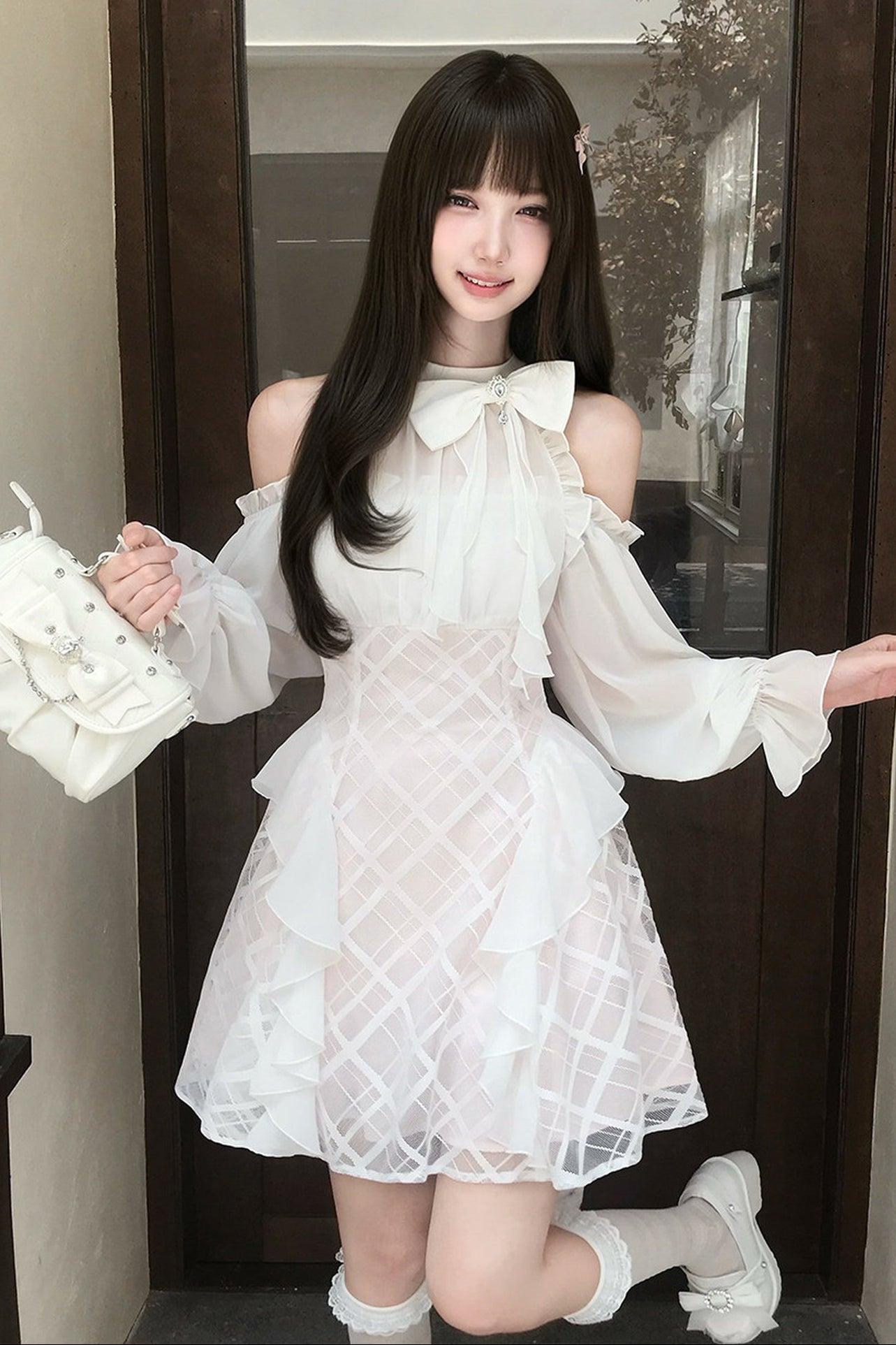 High-Waist Bow Off-Shoulder Long-Sleeve A-Line Dress