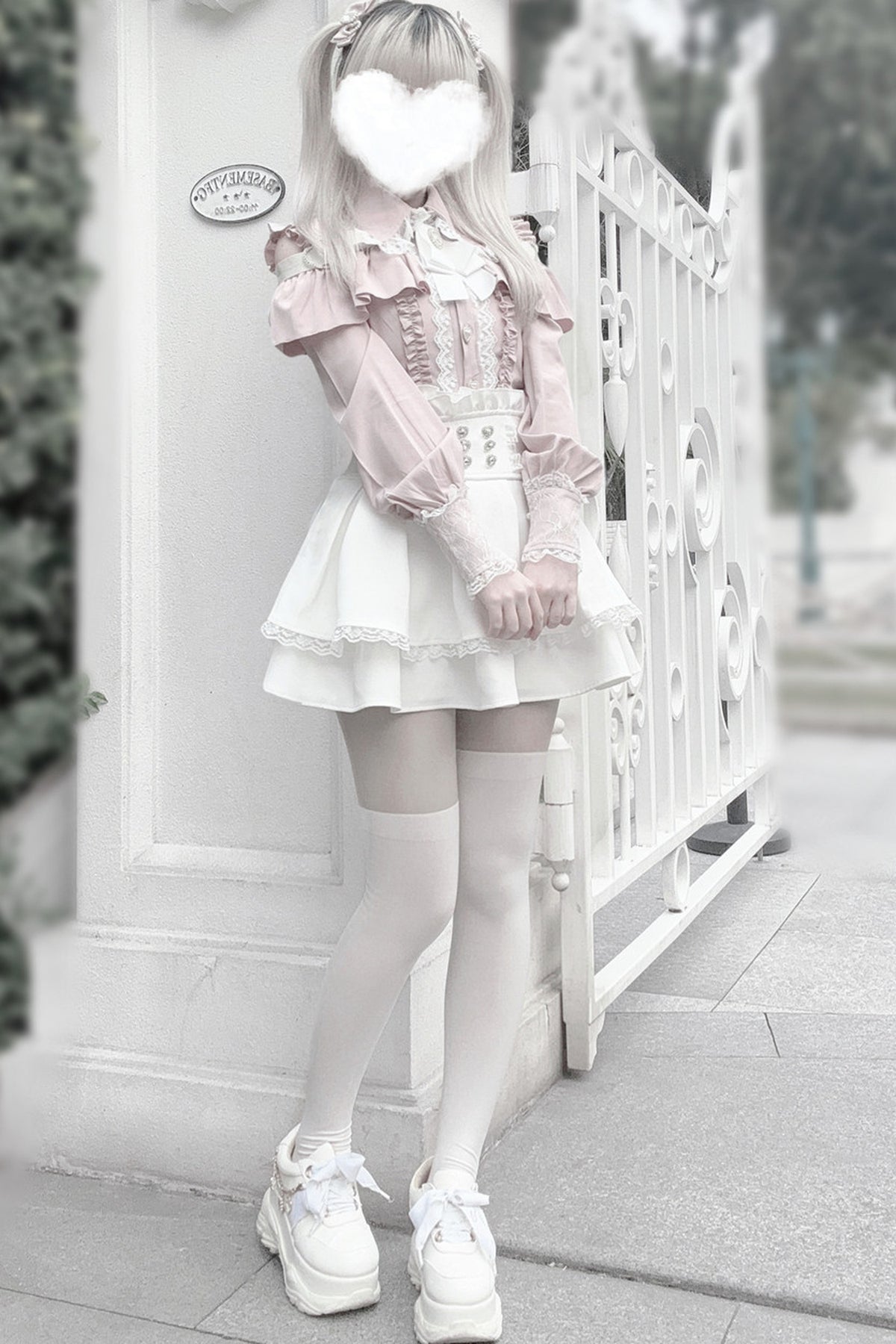 [Pre-order] Cold Shoulder Heart Buckle Long Sleeve Ruffle Lace Blouse with Bow Tie + Lace-Trim Pleated Mini Skirt Set