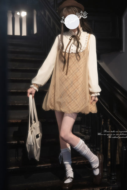 Brown Plaid Puff Dress