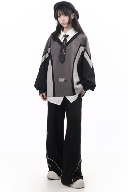 Black Gray Color Block Chain Tie Sweatshirt And Pants Set-Up