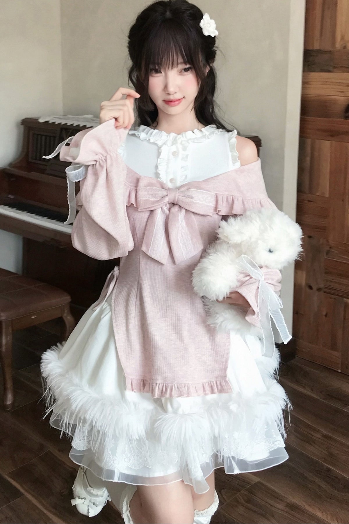 Moon Rabbit Big Bow Off-Shoulder Top and Skirt Set