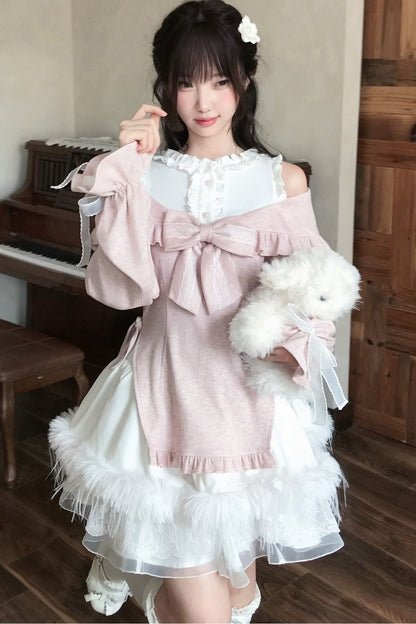 Moon Rabbit Big Bow Off-Shoulder Top and Skirt Set